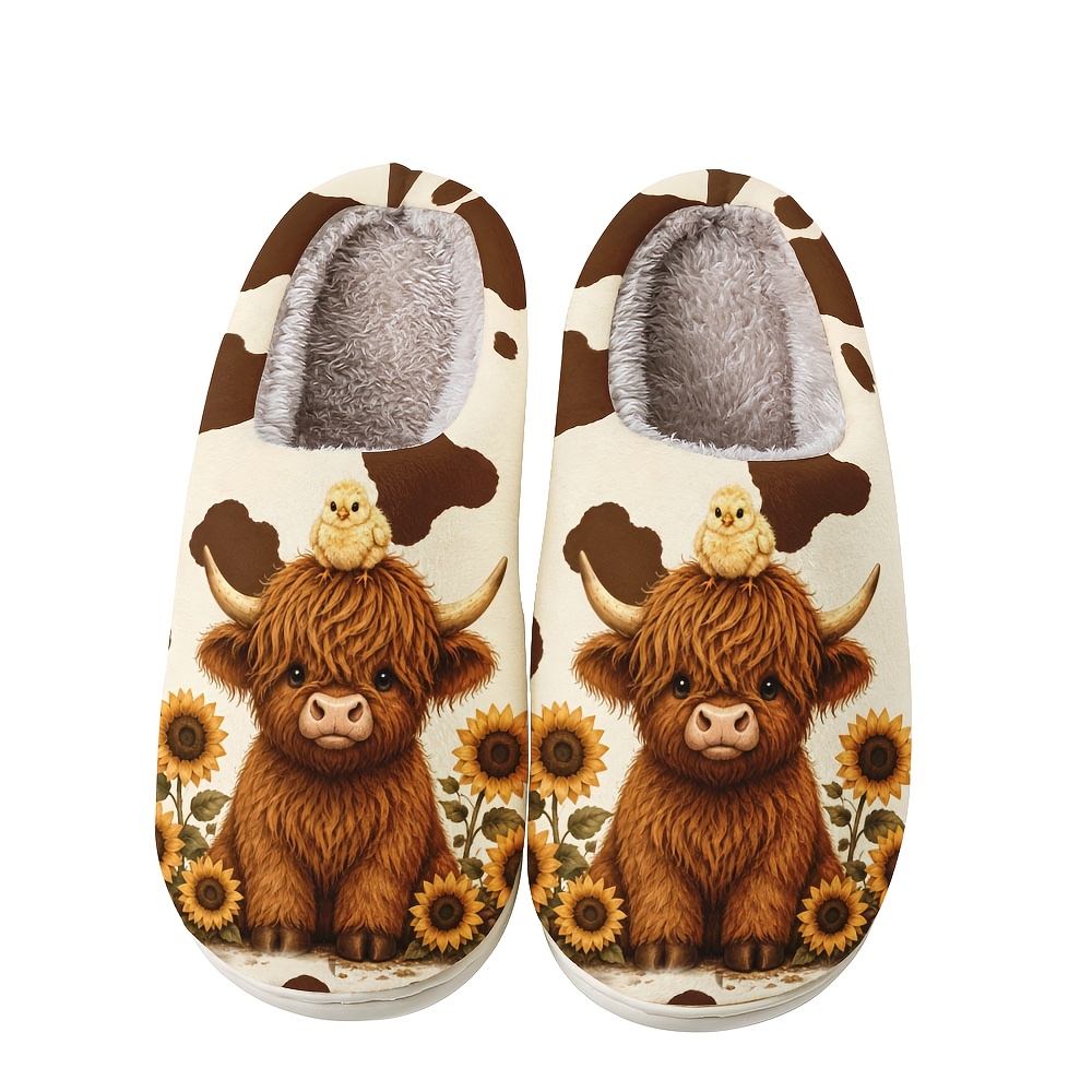 TEMU Farmhouse Highland Cow Print House Slippers For Men And Women, Cozy Plush Indoor Slippers, Lightweight Shoes For Couples, Cute Gifts For Family/