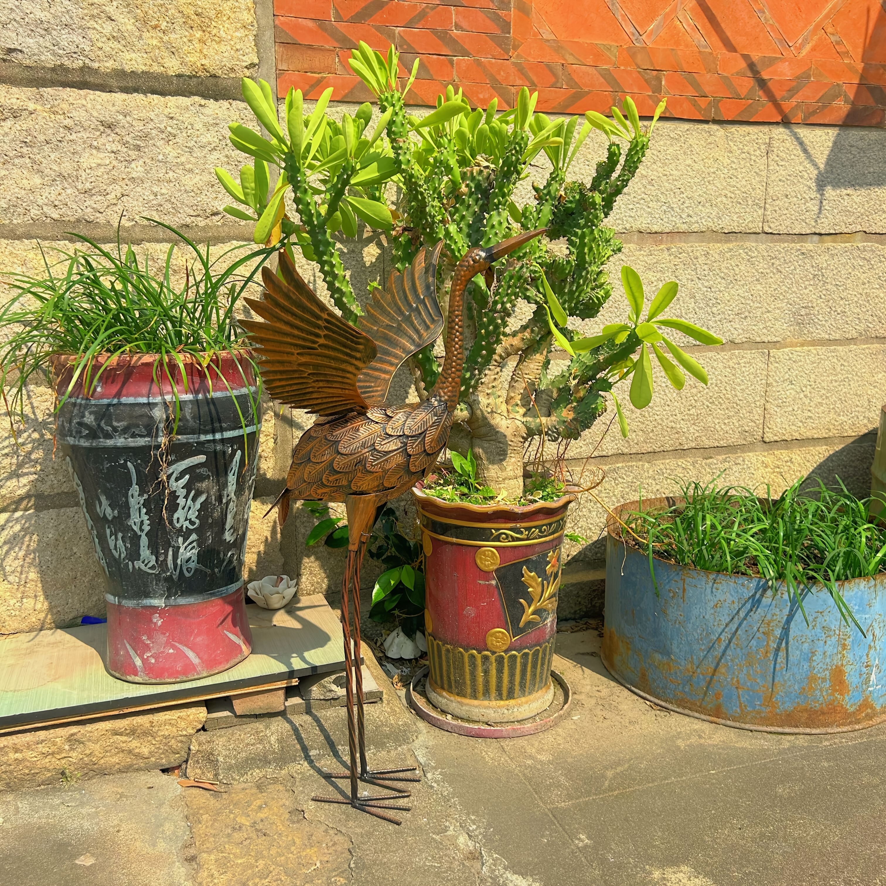 Iron Crane Garden Ornament, With Anti-toppling Ground Stakes