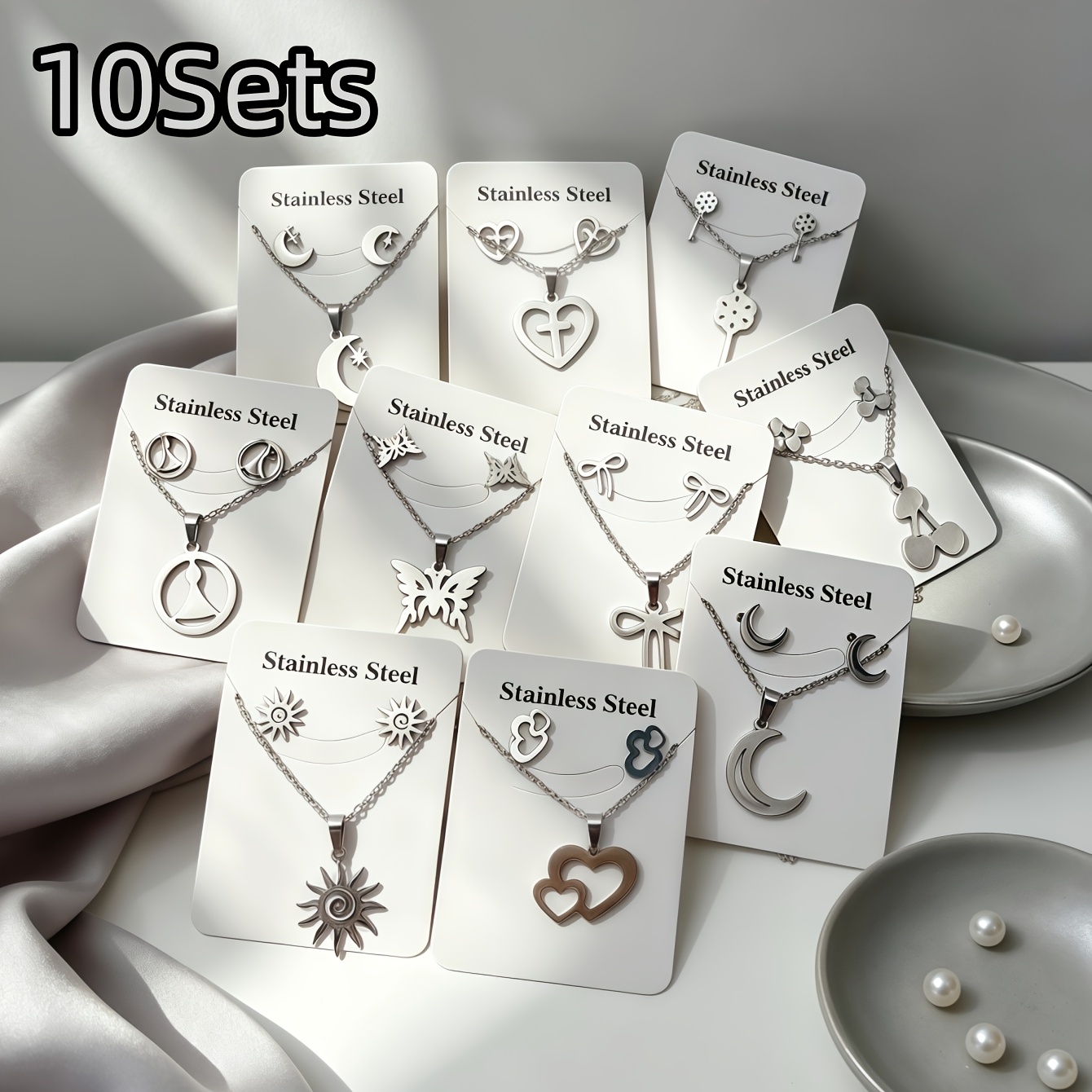 TEMU 10 Sets Heart Love Stainless Steel Earrings Necklaces Set For Women Mix Style Trendy Elegant Moon Cross Bow Daily Jewelry Party Gifts