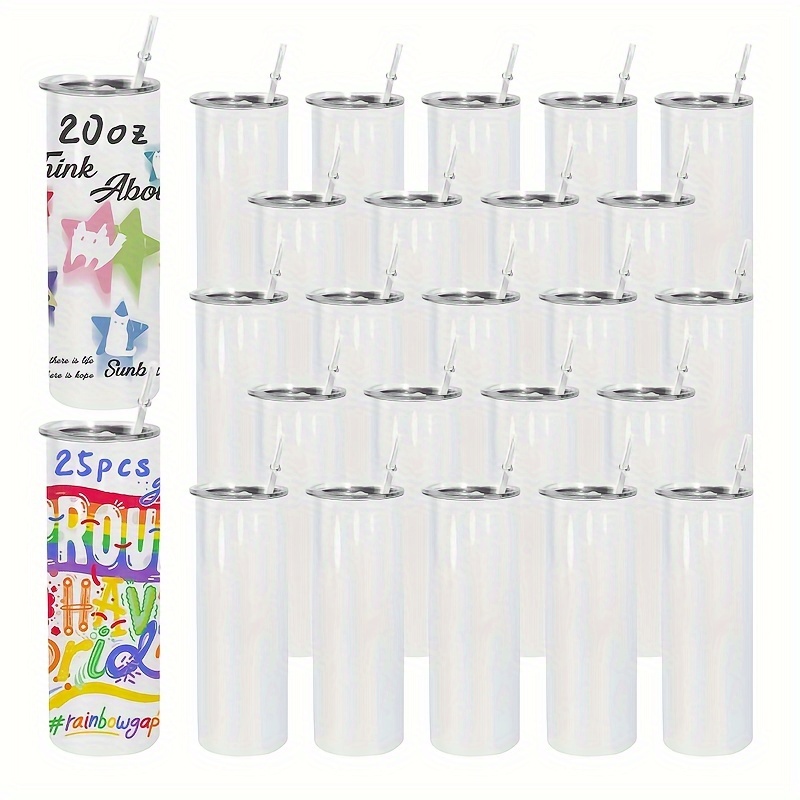 TEMU Agh 25pcs 20oz Sublimation Skinny Tumblers With Plastic Straws,double Wall Stainless Steel Straight Cups For Hot& Drinks,perfect For Holidays,