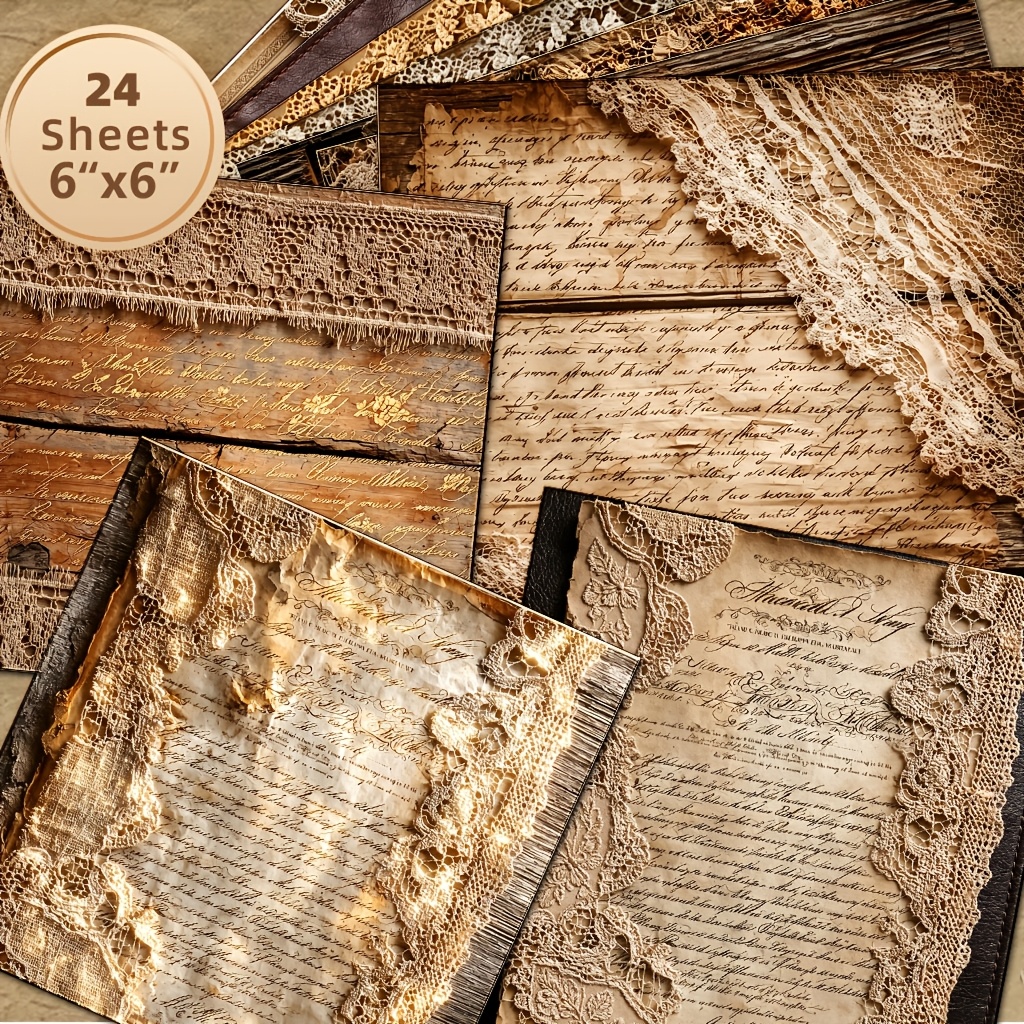 TEMU 24 Sheets 6x6 Inch Vintage Lace Old Letter Paper Decorative Paper | European Style Distressed Collage Scrapbook Material, Antique Style