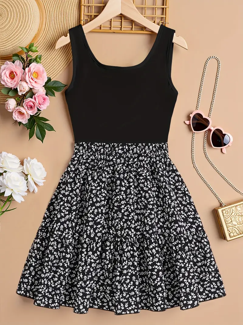 *-Length Teen Girl Black Floral Vest Stitching A-Line Vacation Casual Dress Fashionable Small Floral Dress, for Teenager, For Teenager *-Length Teen Girl Black Floral Vest Stitching A-Line Vacation Casual Dress Fashionable Small Floral Dress, for Teenager, For Teenager