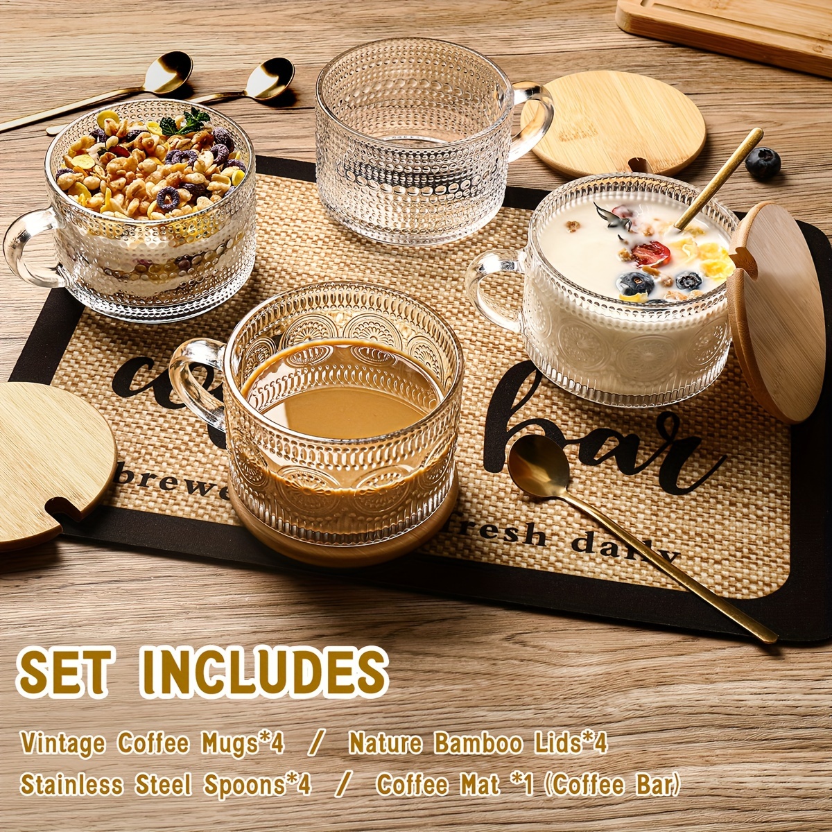 

4pcs Vintage Coffee Cup, Mug, 14oz Overnight Oat Container With Lid And Spoon With Lid Glass Cup, Cute Coffee Bar Accessories And Kitchen Utensils