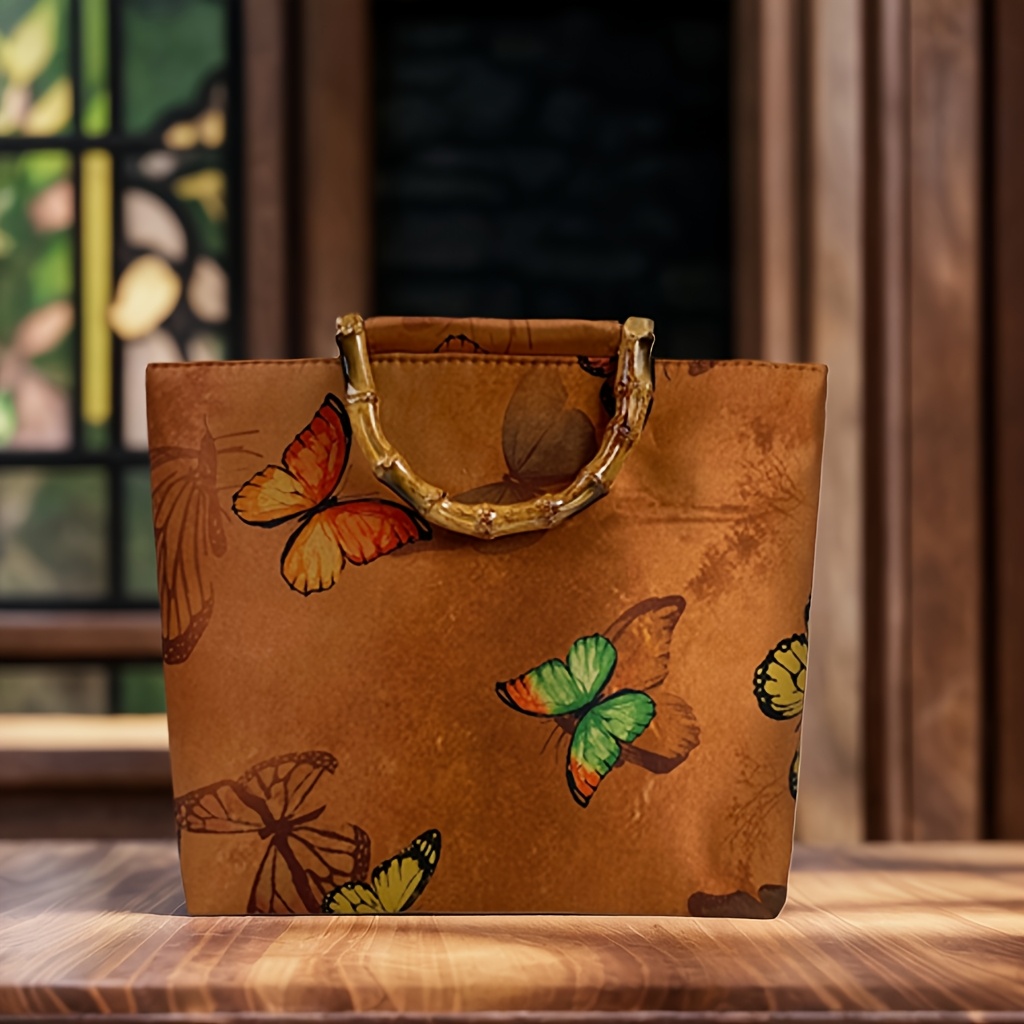 

Elegant Butterfly Canvas Tote With Bamboo Handle - Spacious, Handcrafted, Zip Closure, Fade-resistant, Washable - Perfect Gift For Her