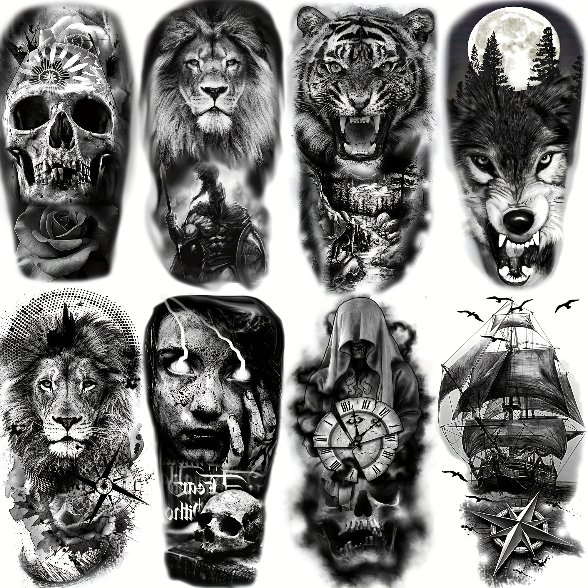 

8-pack Realistic Animal Temporary Tattoos - Waterproof Fake Tattoo Stickers For Men & Women, Includes Tiger, Lion, Wolf Designs With Nautical Compass - Perfect For Arms, Face, Body Art