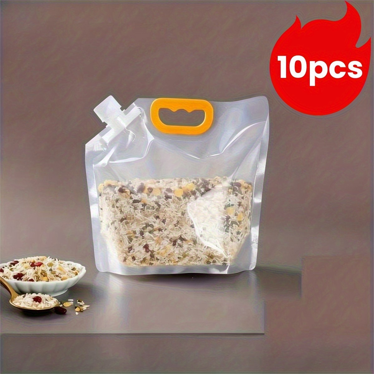 10pcs Large Transparent Reusable Kitchen Food Storage Bags With Yellow Handles And White Lids - Durable Rectangular Plastic Food Organizer Bags For Rice