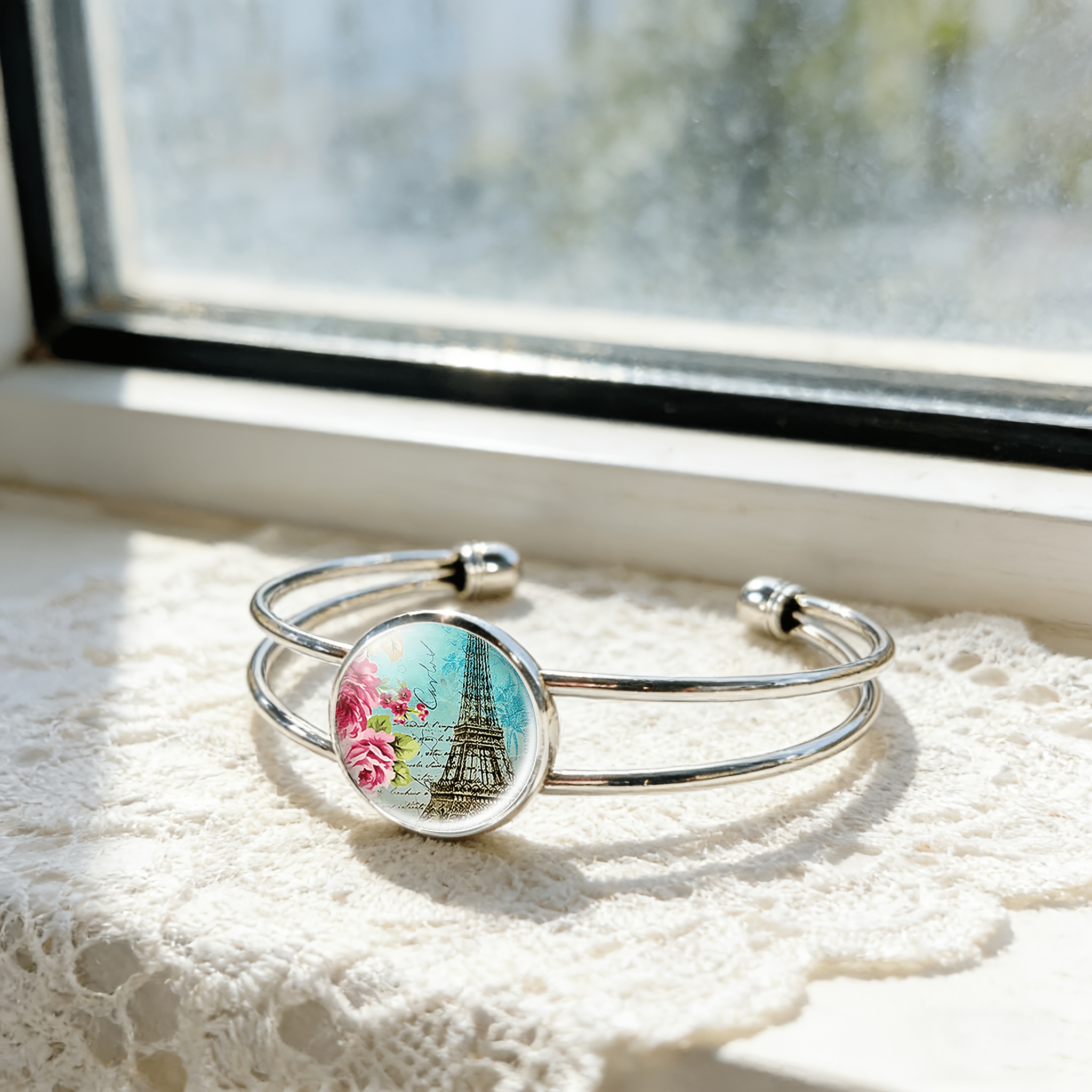 Adjustable Open Bangle with Round Time Gemstone Inlay, Eiffel Tower Design