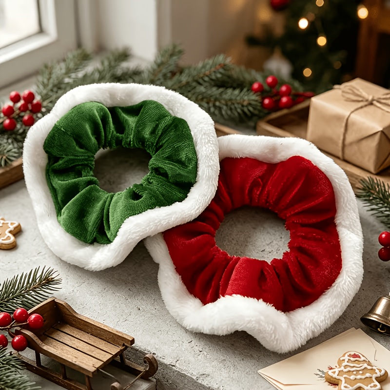 TEMU 2pcs Christmas-style Plush Hair Ties For Women, High-elasticity Fabric Headbands, Ponytail And Bun Hair Ties, Festive Party Hair Additions For
