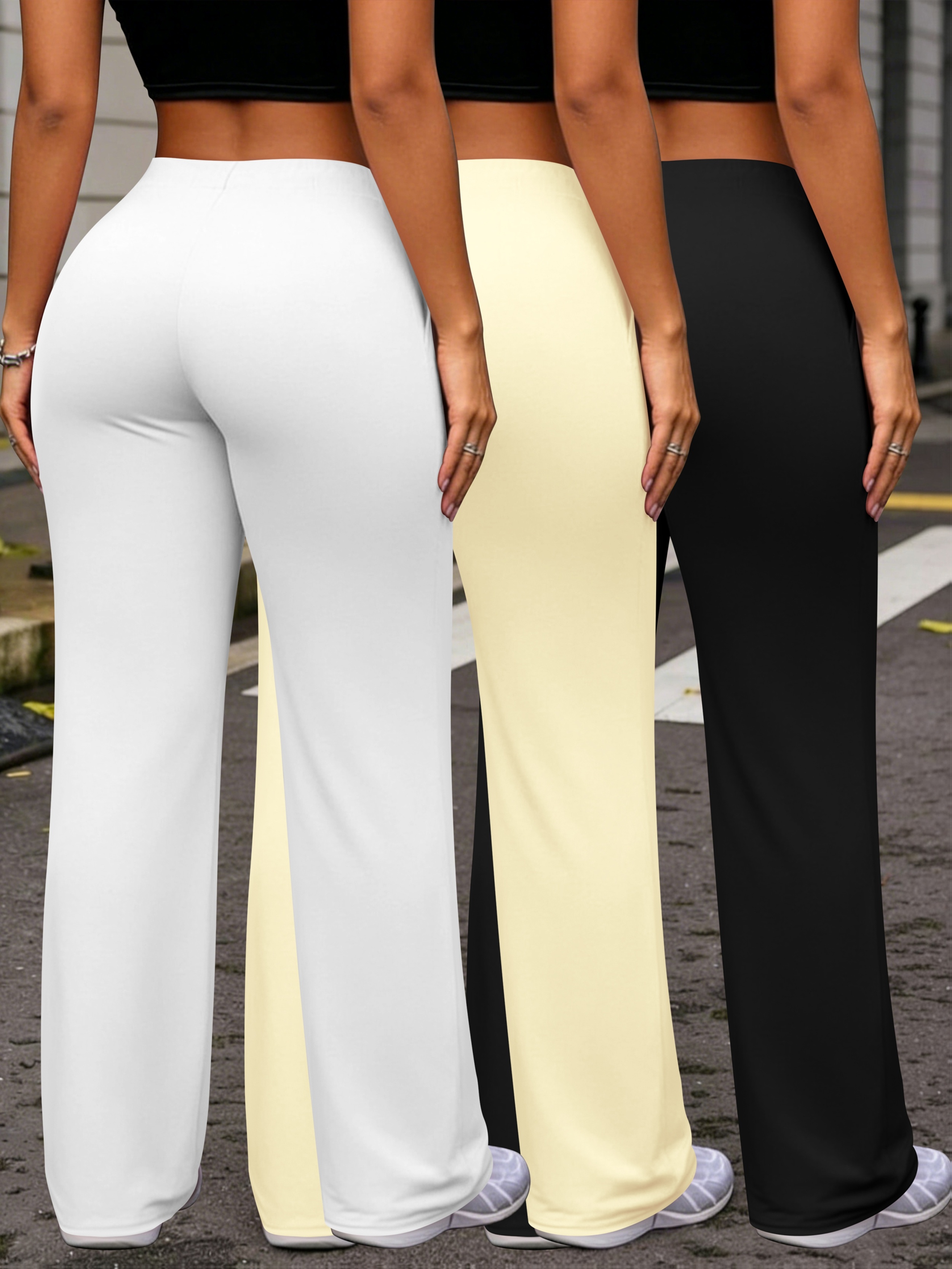 Women'S Casual Three-Piece Wide-Leg Pants, Drawstring Waist Pocket Comfortable Versatile Solid Color Style Trousers