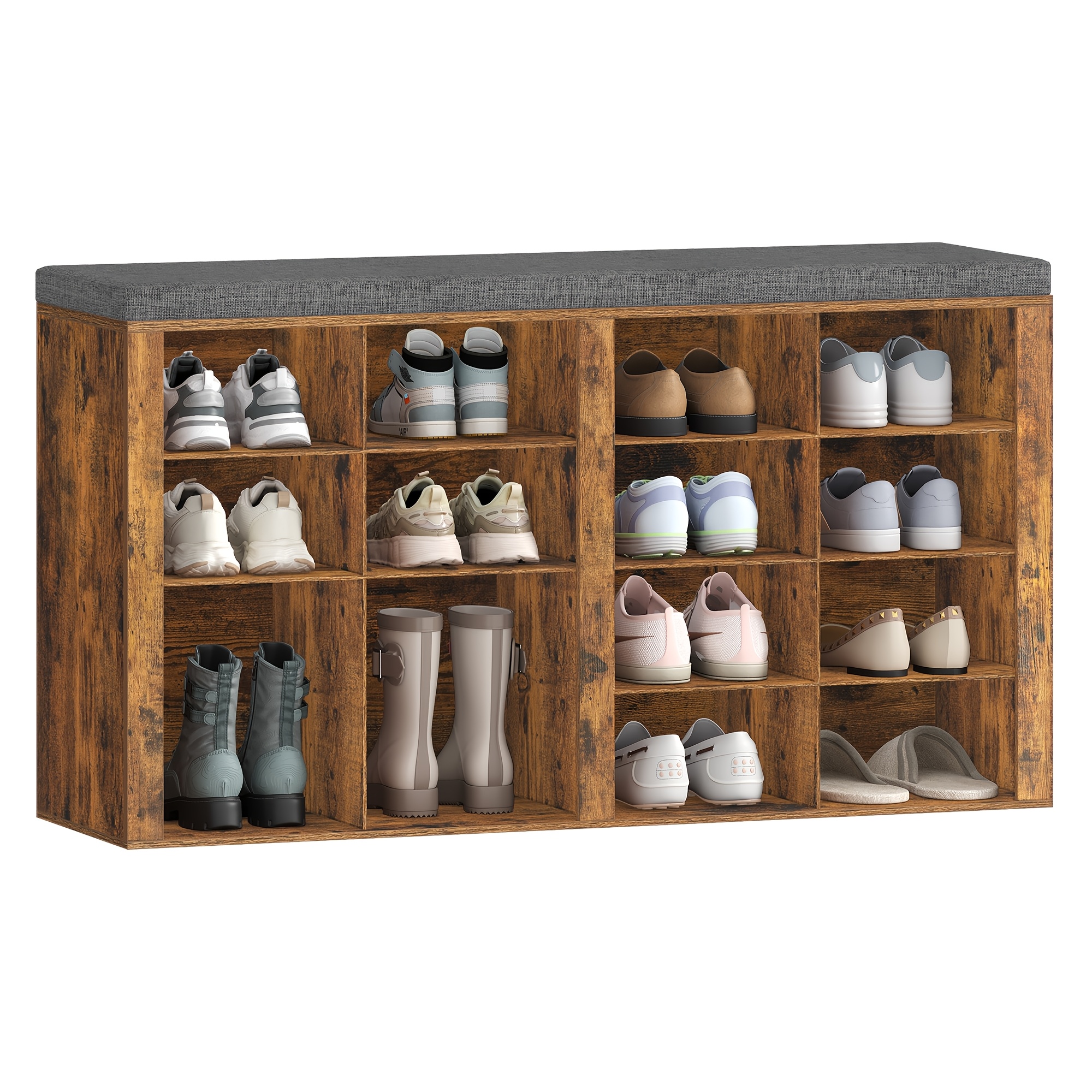 Shoe Bench, Shoe Rack With Seat, 16 Compartments, Storage Organizer, 30 X 104 X 59cm, For Entryway, Retro Color Scheme With Dark Gray