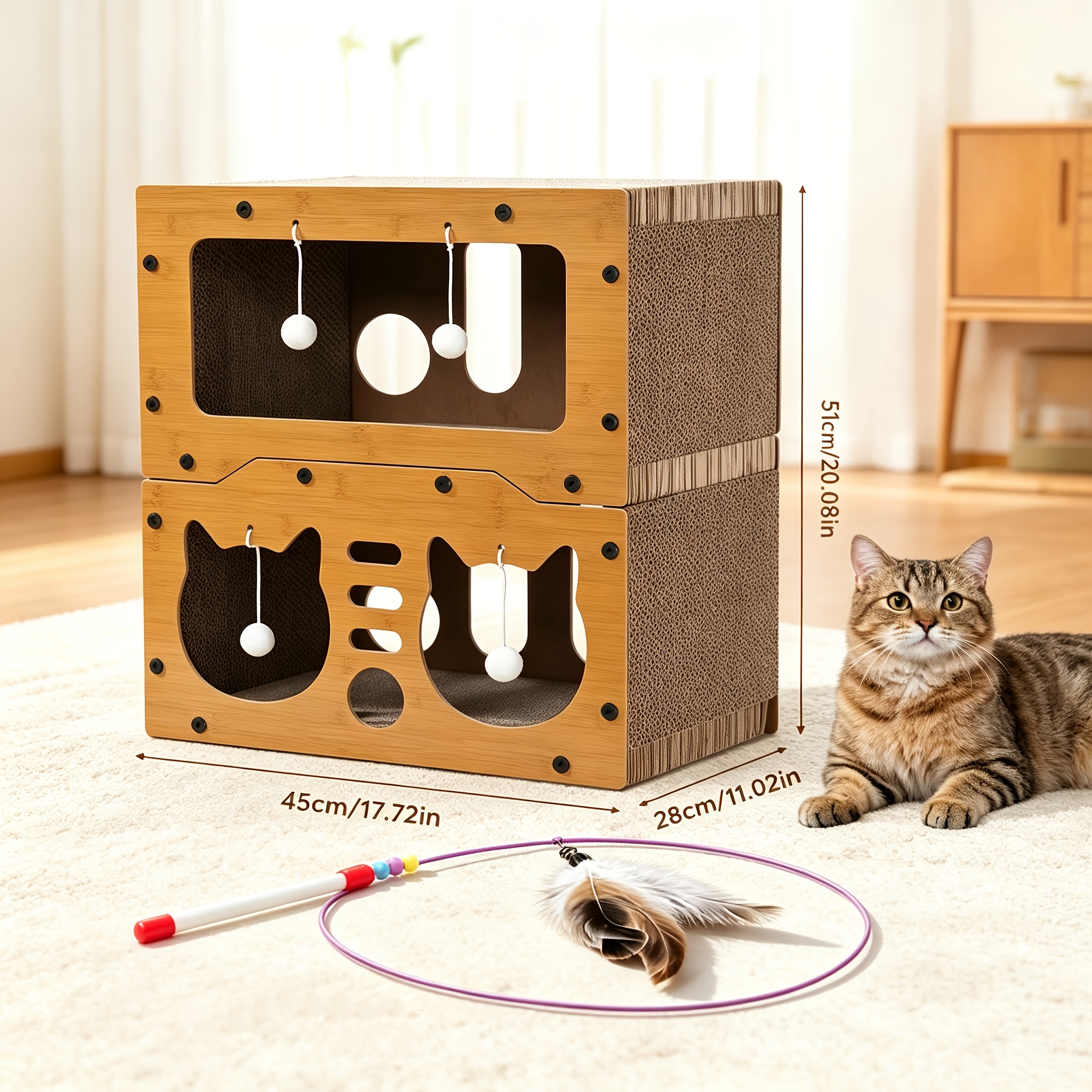 TEMU Arbre à chat griffoir avec jouet à leurre, : panier en carton et griffoir pour soin des griffes, intimité et détente, pompon intégré,
