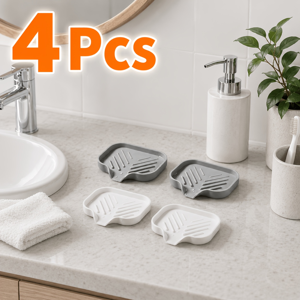 TEMU 4pcs Set: 2 White + 2 Gray Soap Drain Mats - Self-draining Soap Dish, Kitchen Sponge And Scrub Brush Storage Mat, Bathroom Tray, Easy-to-clean