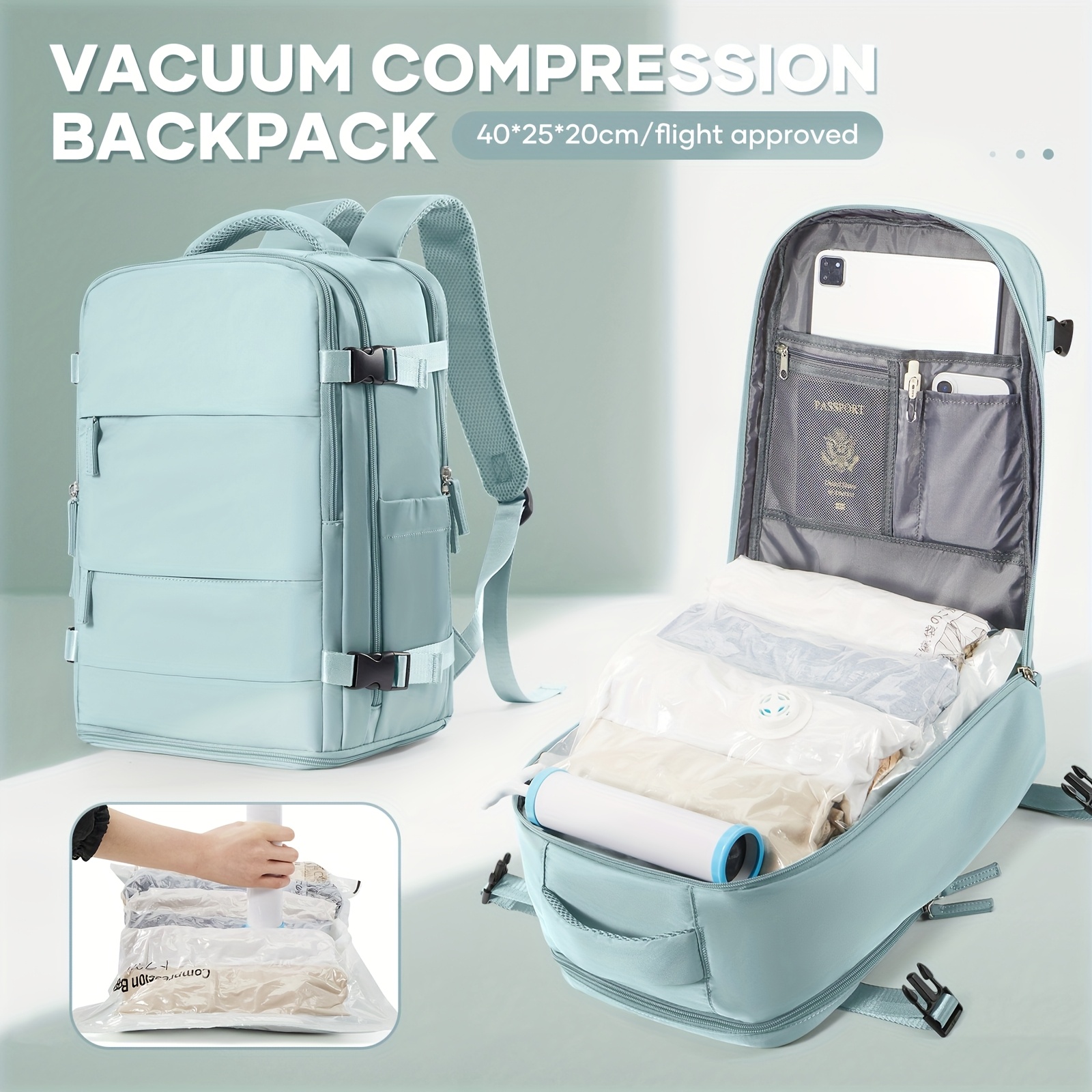 Bolso de Duffel para viaje, bolso de luggage 40*25*20, aprobado para vuelos, multifuncional, bolso de espalda para mujeres, bolso de compresión al vacuum con pulverizador al vacuum, artifato libre, reducción de espacio al 50%, combinación con esentiales para viaje familiar - Imagen 7