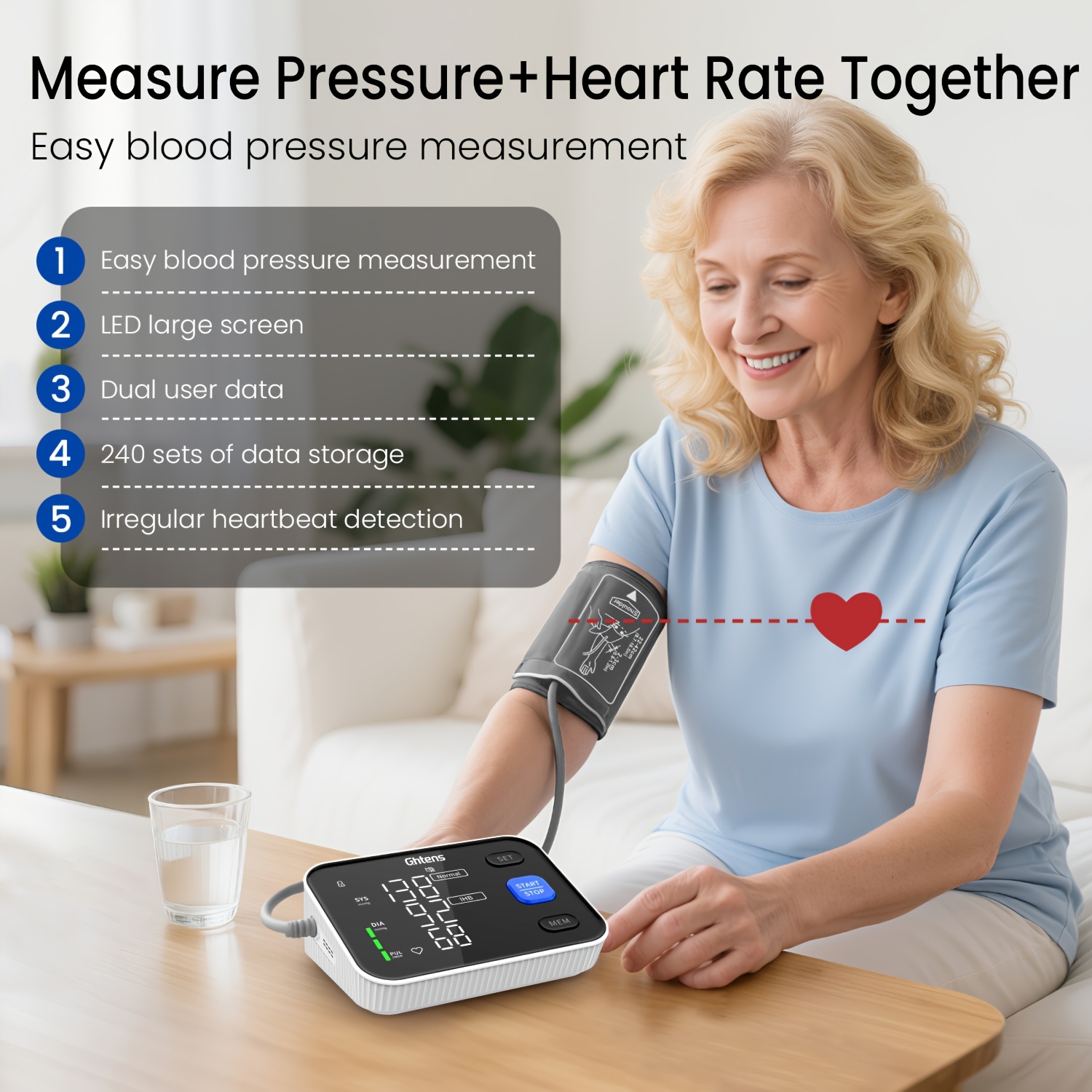 Accurate Digital Arm Blood Pressure Monitors with Large Cuff for Home Use, Irregular Heartbeat Diagnosis, Pulse Rate Meter, Cuff 22-40cm, 2X120 Memory, LCD Display; Used with Both Plug-in And Battery Power (batteries Not Included)