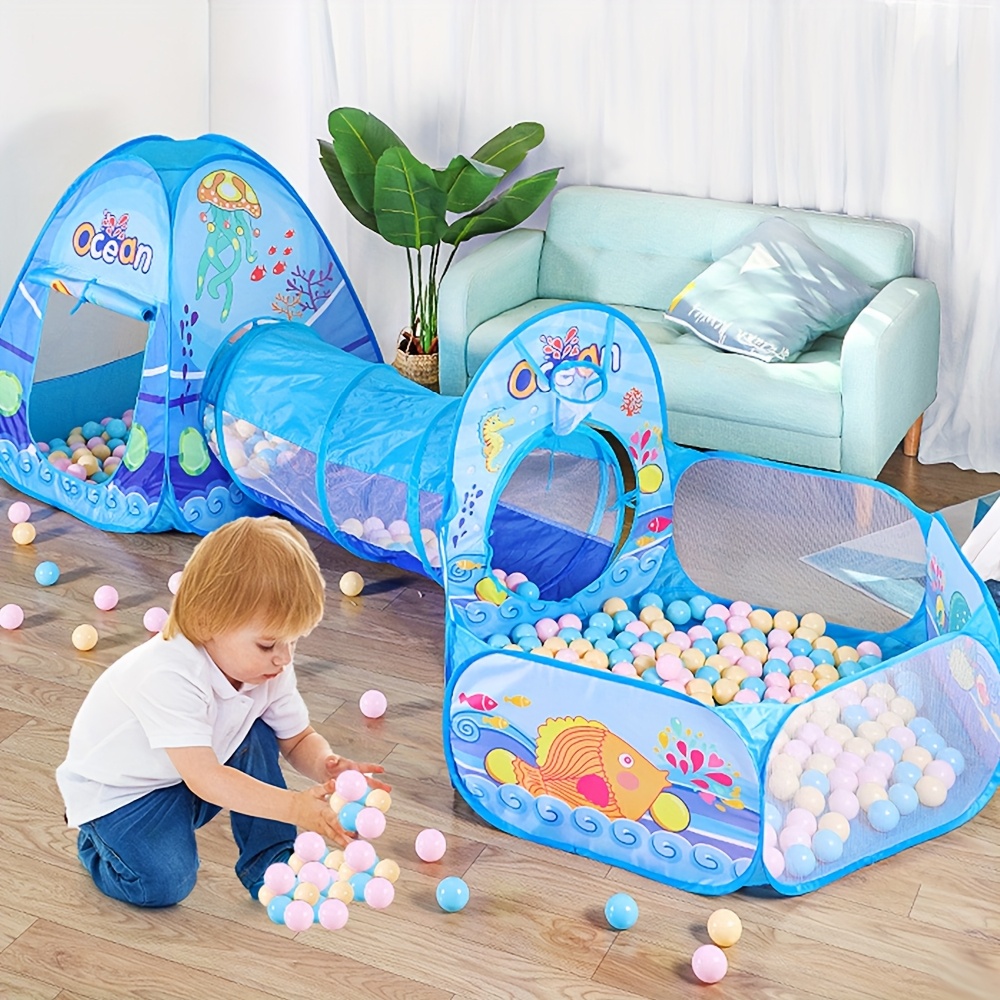 3-delige Blauwe Oceaan Thema Kinderballenbak Set met Glijbaan-achtige Tunnel & Koepelhoes