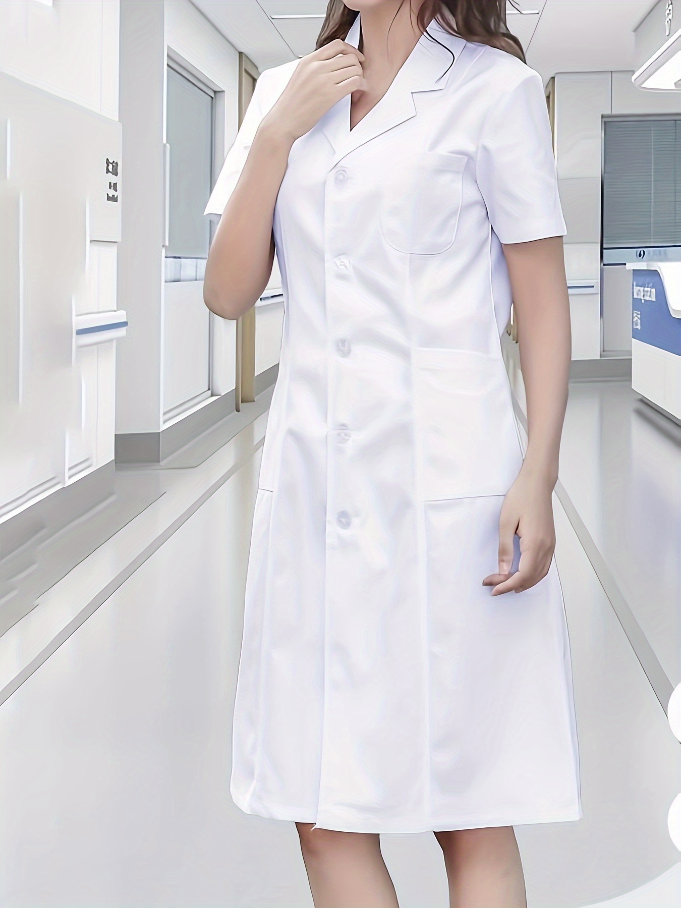 Professional White Uniform Dress for * & Nurses - Short Sleeve, Open Front  with Multiple Pockets, Non-Stretch Fabric, Machine Washable - Perfect