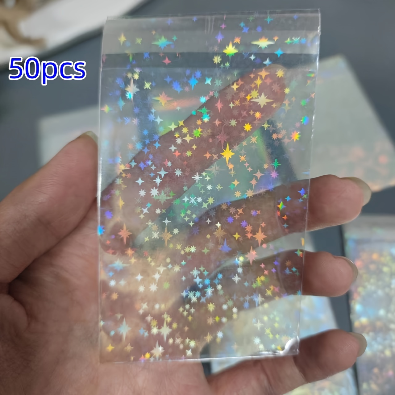 50 Transparent Glitter Card Protectors, Holographic Photo Sealing Protective Sleeves, Star And Heart Gradient Transparent Id Card Holders, Photo Protective Film Bags, Transparent Accessory Pouches