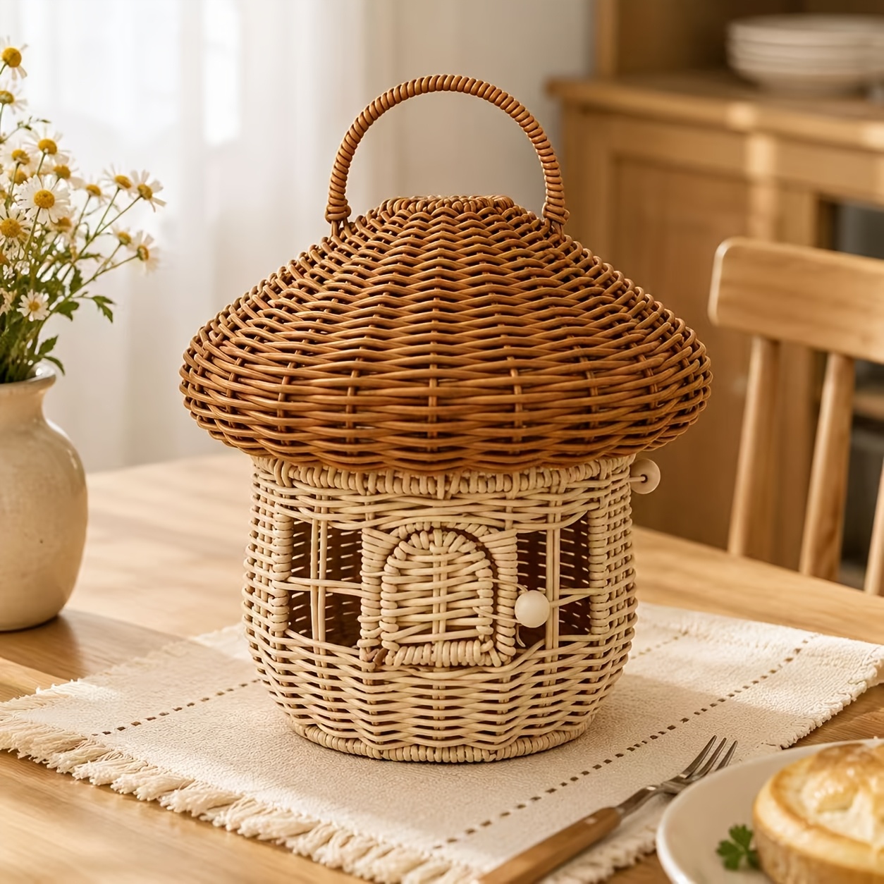 TEMU Latest Style Rattan-look Mushroom-shaped Hand-woven Handheld Storage Basket With Lid, Desktop Storage Bin, Snack Candy Sundries Organizer, Room