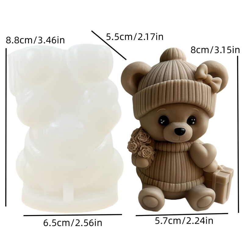 TEMU Molde de Silicona de Resina para Manualidades de Boda - Oso Sonriente con Sombrero y Rosa, Sosteniendo Flor, Molde para Velas//Yeso, Forma