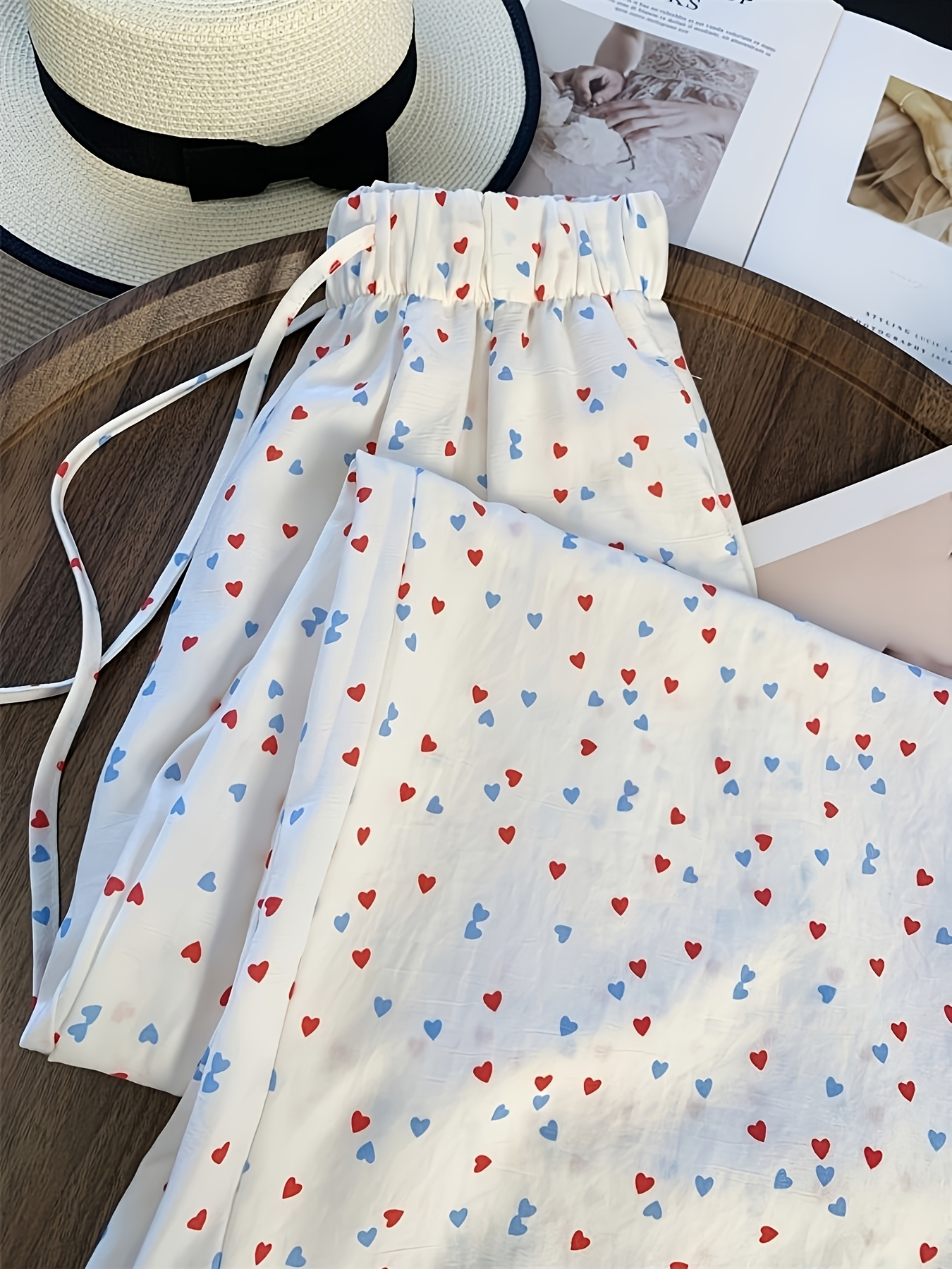 High-Waisted Loose Long Pants with Double-Color Heart Print