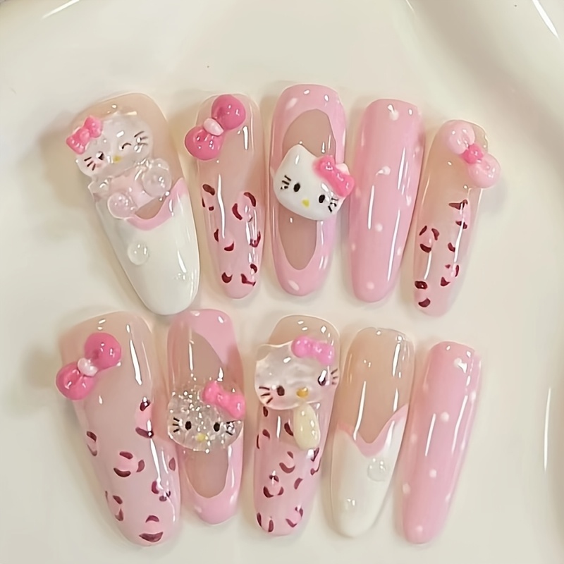 

Sanrio Hello Kitty Press-on Nails Set - 30pcs, Medium Long Shape With , Cute Cartoon Designs, Rhinestones & Pearls Included - Casual Attire & Gifts