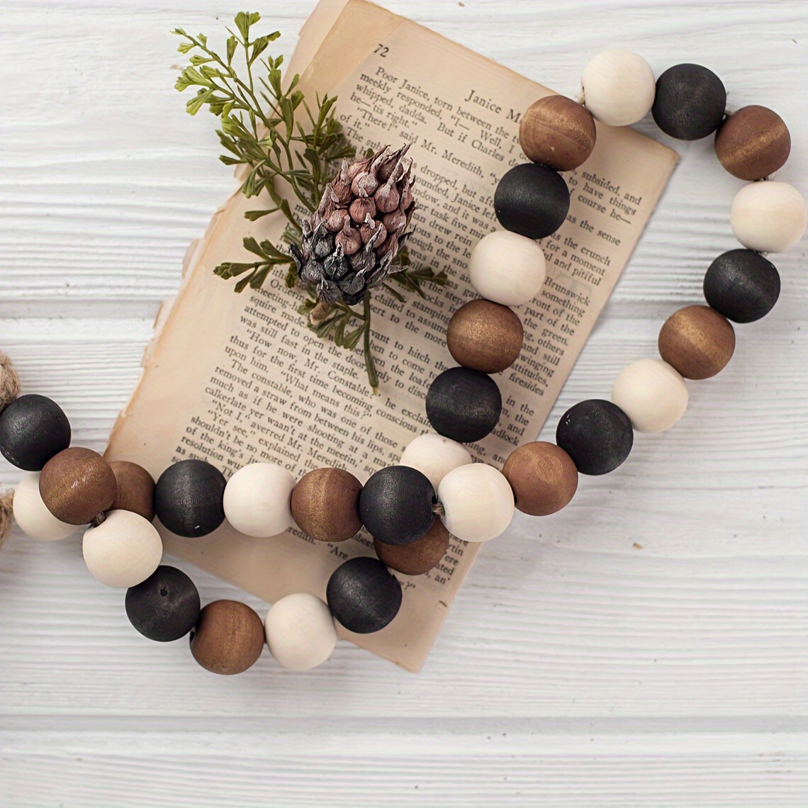 

1pc Wood Bead Garland Home Decor, Farmhouse Beads With Tassel, Wood Garland Decorative Beads For Tier Tray, Rustic Prayer Boho Beads, Wooden Garland Boho Table Decor