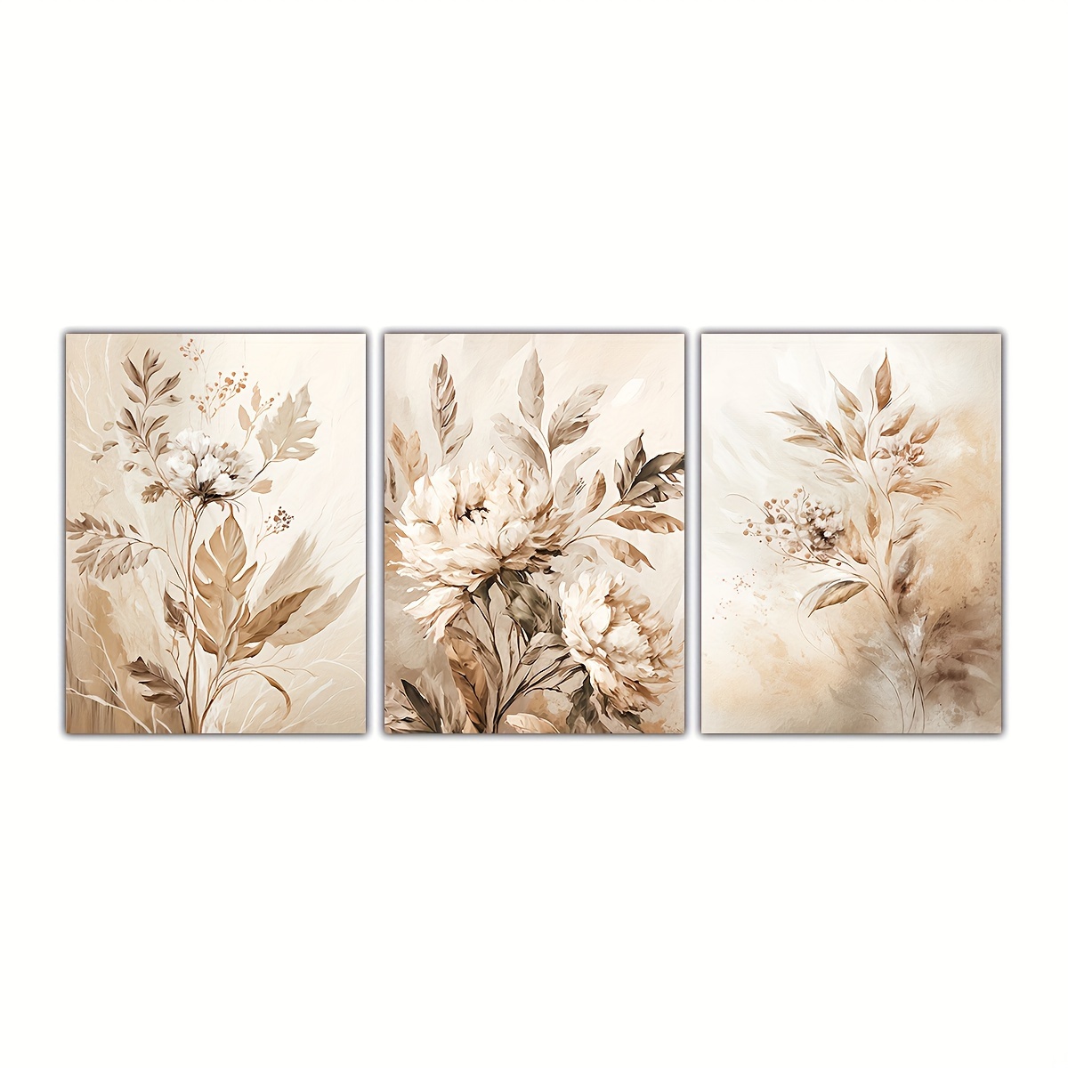 TEMU 2d Flat, Set Of 3 Unframed Neutral Floral Prints, Beige Floral Wall Art, Floral Oil Painting Prints, Botanical Wall Prints, Neutral Wall Prints,