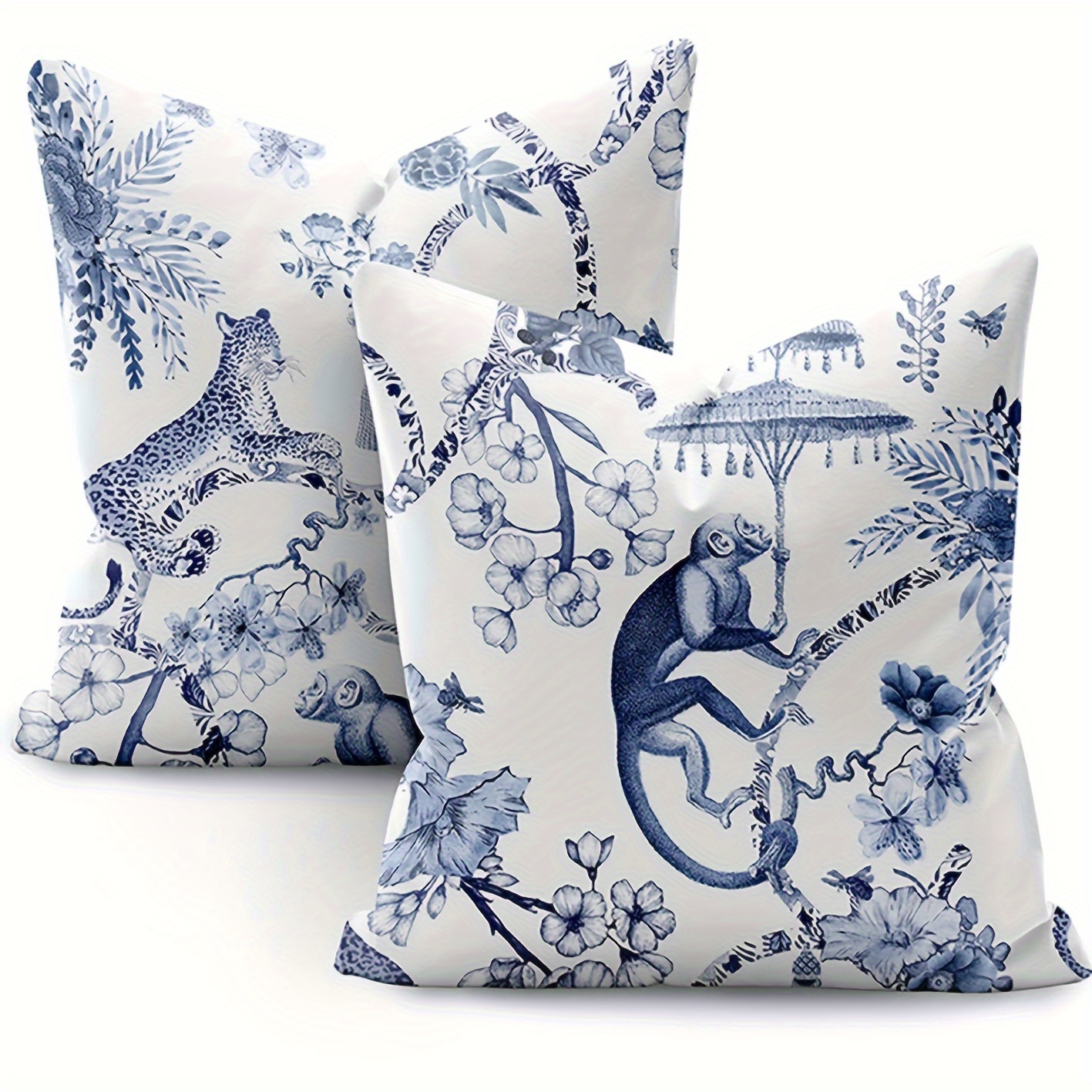 TEMU 2pcs Chinoiserie Blue And White Plush Pillow Covers, 18x18 Inch - Elegant Floral & Animal Design, Zippered, Machine Washable - Ideal For Sofa &