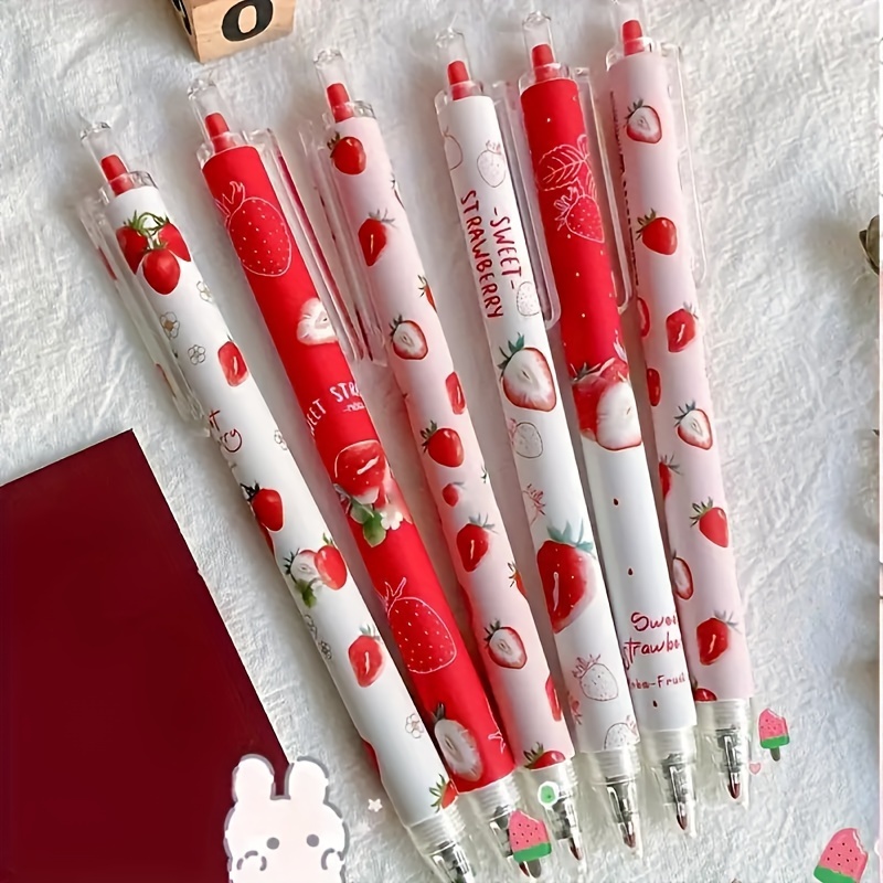 

6pcs/set Of Cute Strawberries With Black Pen And Good Looking Fruit Pressed Neutral Brush Pen