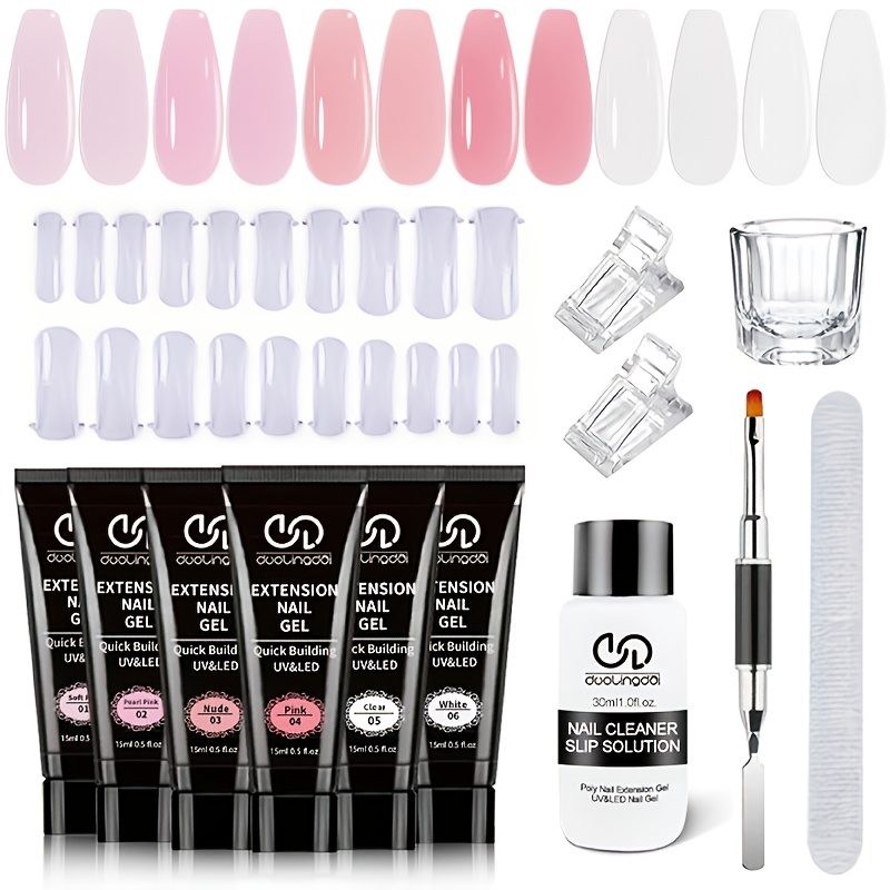 TEMU Poly Nail Extension Gel Set, Featuring 6 Shades Including Pink And White, A Sheer Pink Nail Gel, A Clear Nail Art Kit, Complete With A Poly Brush And Slip Solution, Perfect As An Gift For Women