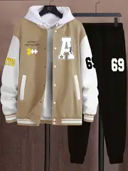 athleisure essential mens casual 69pcs set color block varsity jacket joggers with a 69 print polyester baseball collar pockets fall winter details 0