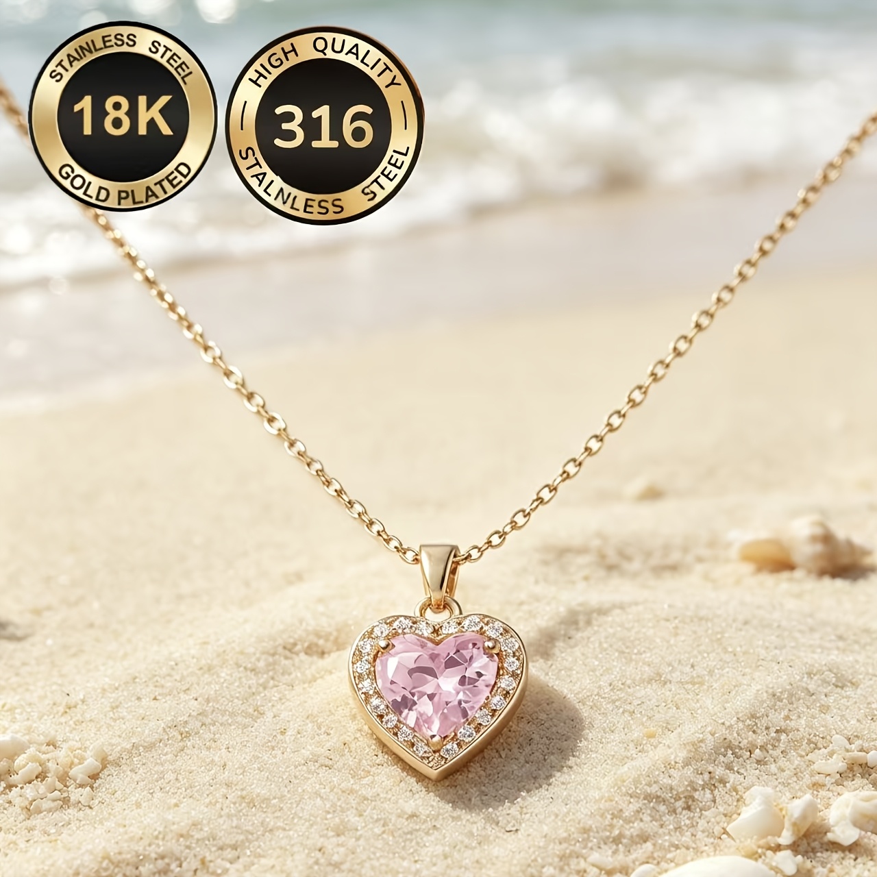 TEMU 1pc Of Steel 18k Gold-plated Heart Pendant Necklace, Inlaid With Pink Heart-shaped Synthetic Zirconia, In A Sweet Yet Edgy . Is Delicate And