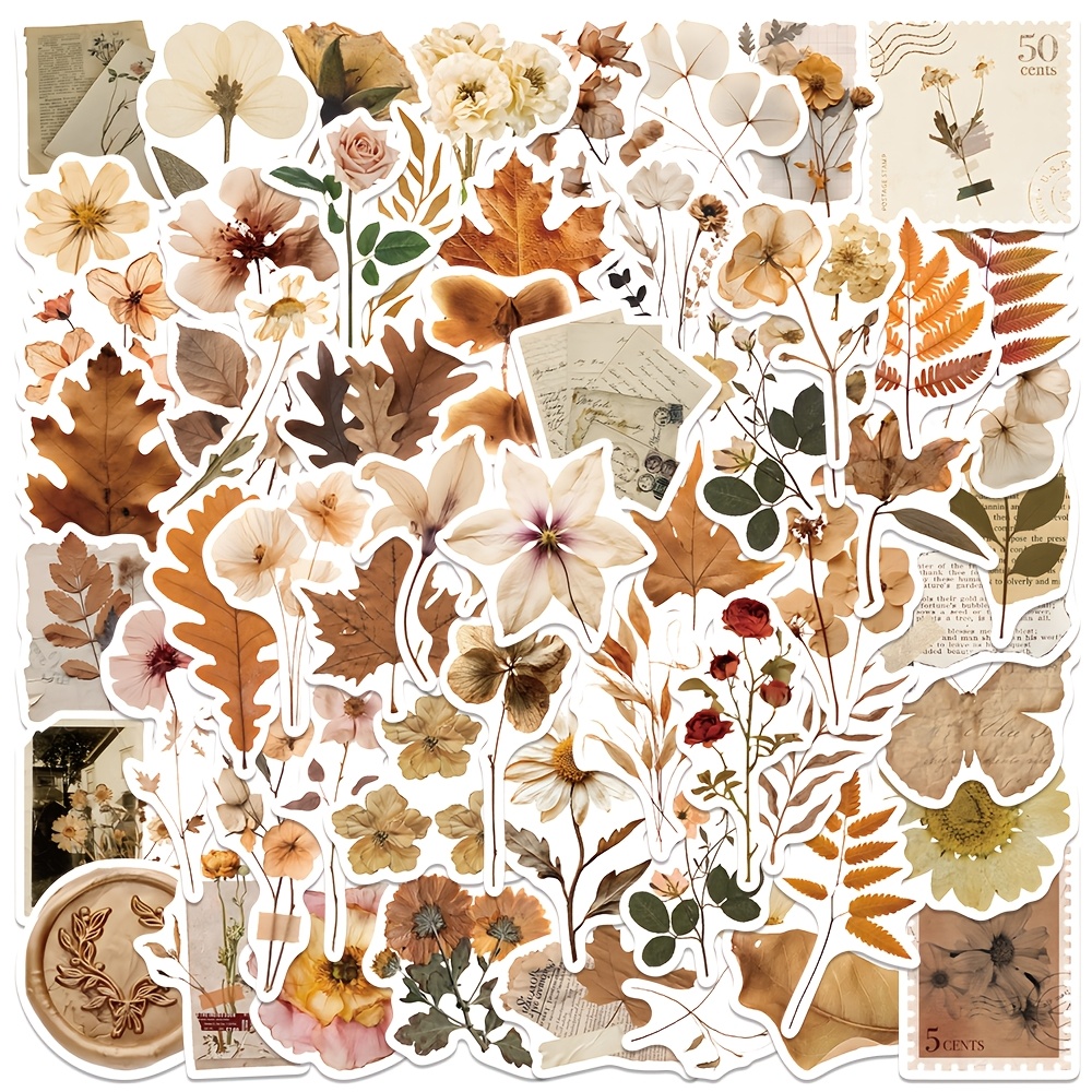 Image of 50 Vintage Aesthetic Stickers Of Dried Leaves And Flowers For Decorating Cups, Luggage, Guitars, Computers, Phones, And Scrapbooks