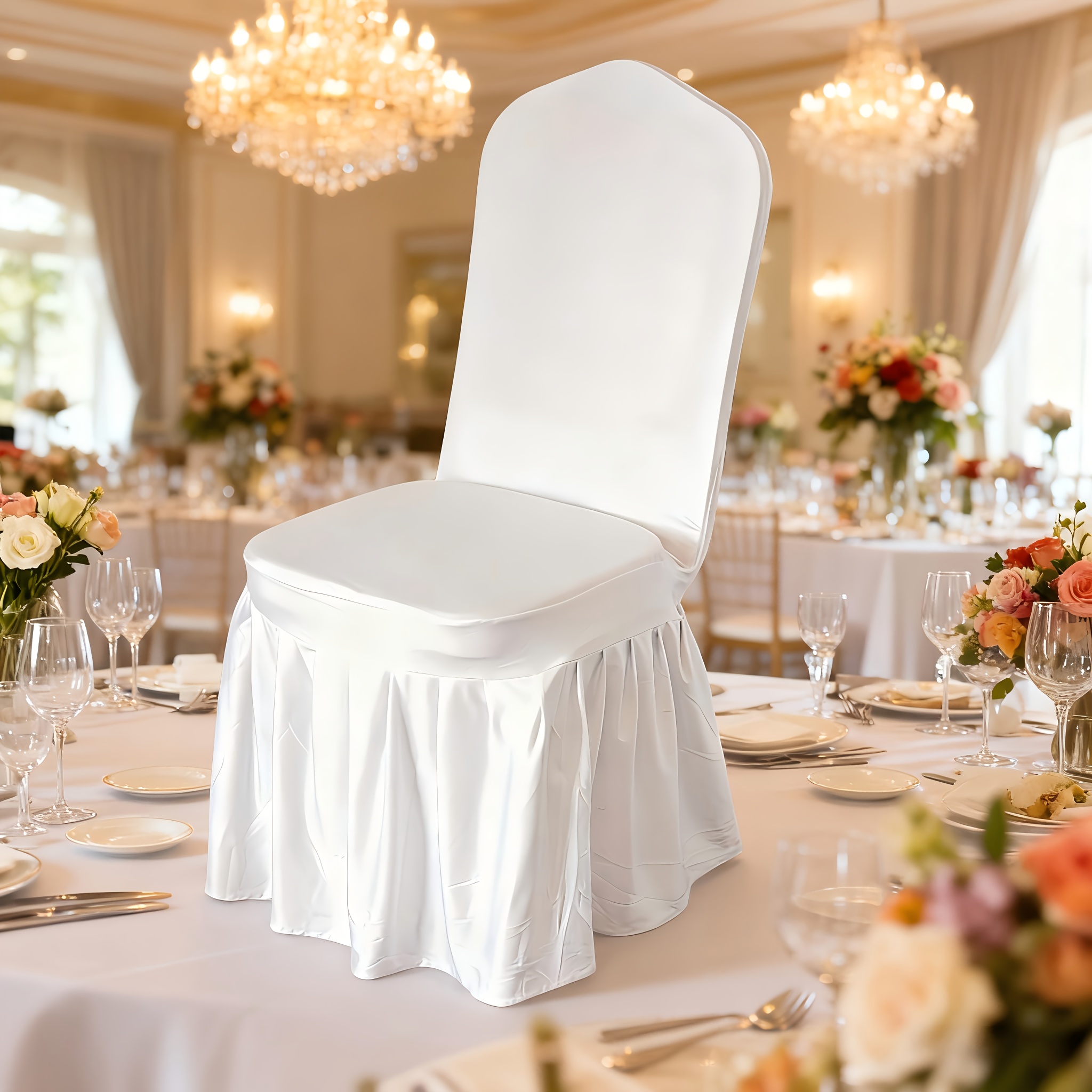 Weiße Stuhlhussen mit Spandex-Rock * für Hochzeiten, Partys und Veranstaltungen im Freien. Sie sind abnehmbar und waschbar * für Esszimmerstühle in Hotels