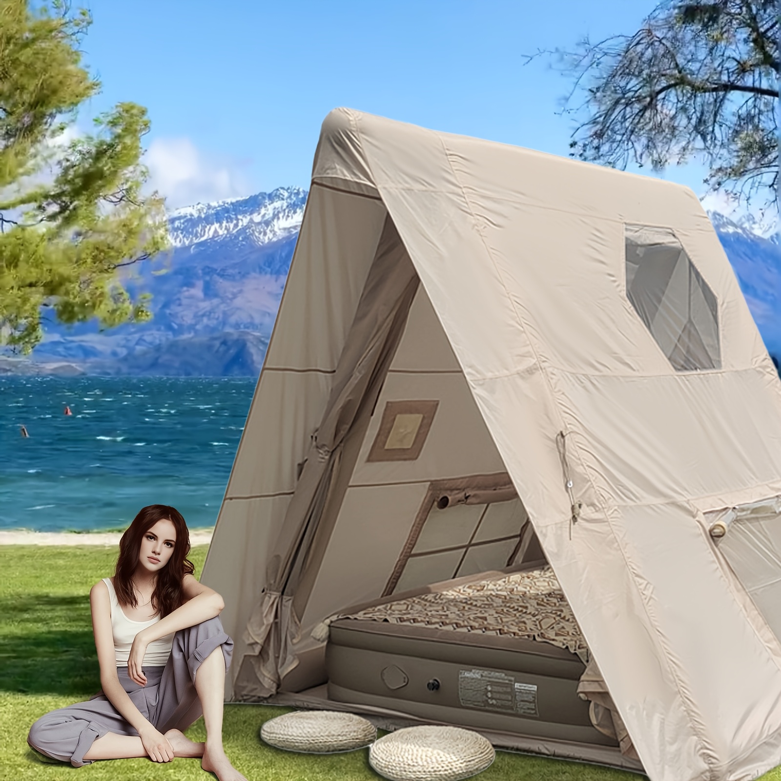 PAKICETUS 6-Person Inflatable Family Camping Tent with Wind-Resistant Triangular Structure & All-Weather Stability - Easy Setup, Spacious Floor Area, Clear Window Panels & Ventilation System, Portable Storage Bag Included, Durable & Sturdy Frame for Year-Round Use, Ideal for Family Camping, Hiking, Backpacking - Beige/Gray Color Options Available (Ideal for 6-Person Groups)