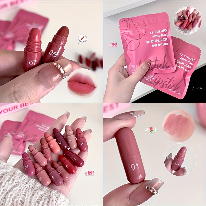 12pcs mini matte lipstick set soft smooth pink - Temu
