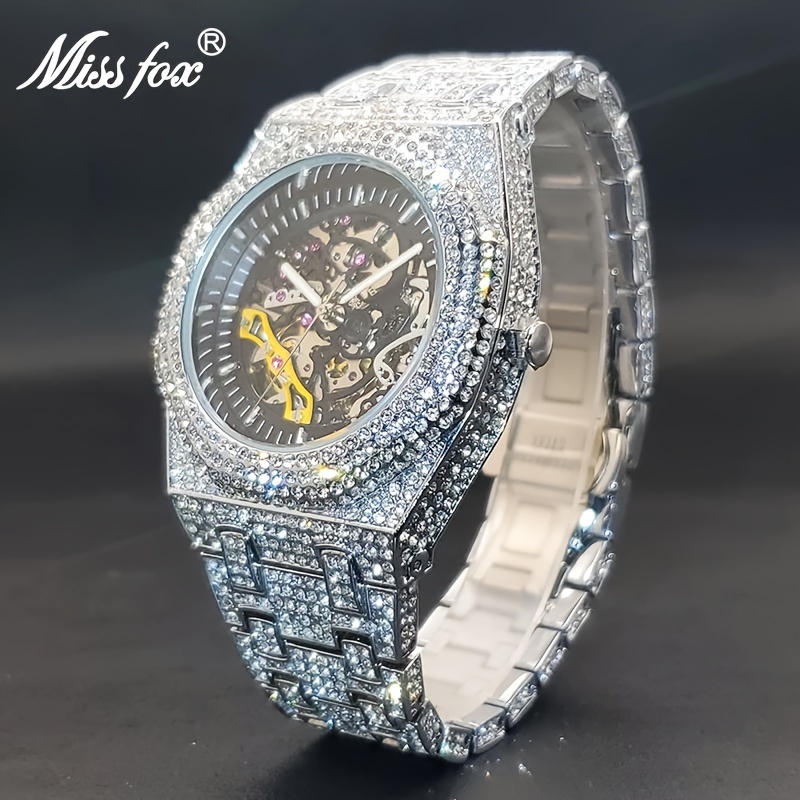 Image of Men's Luxury Rhinestone Watch, Hip-hop Ice Cold Automatic Winding Hollow Mechanical Watch, Men's Fashion Large Dial Clock