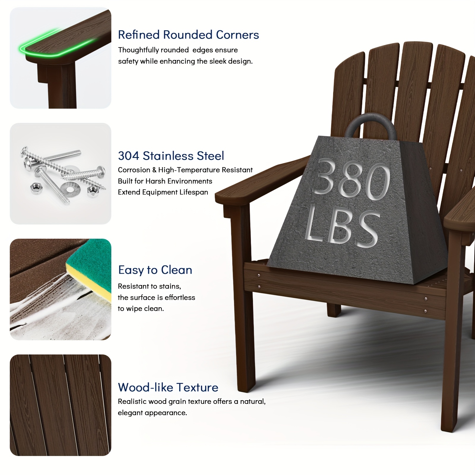 Adirondack Chair, Space-Saving Stackable Design, HDPE Material Wood Grain Finish, Ergonomic Slight Tilt, Perfect for Patio Backyard Deck & Fire Pit, Dining Chair Size