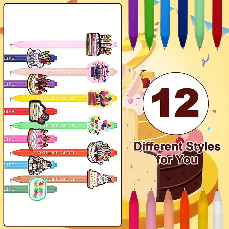 12pcs cute animal happy birthday pens cartoon pens funny pen writing ballpoint pens retractable black ink pens birthday party gifts for students office supplies school stationery Product details 4