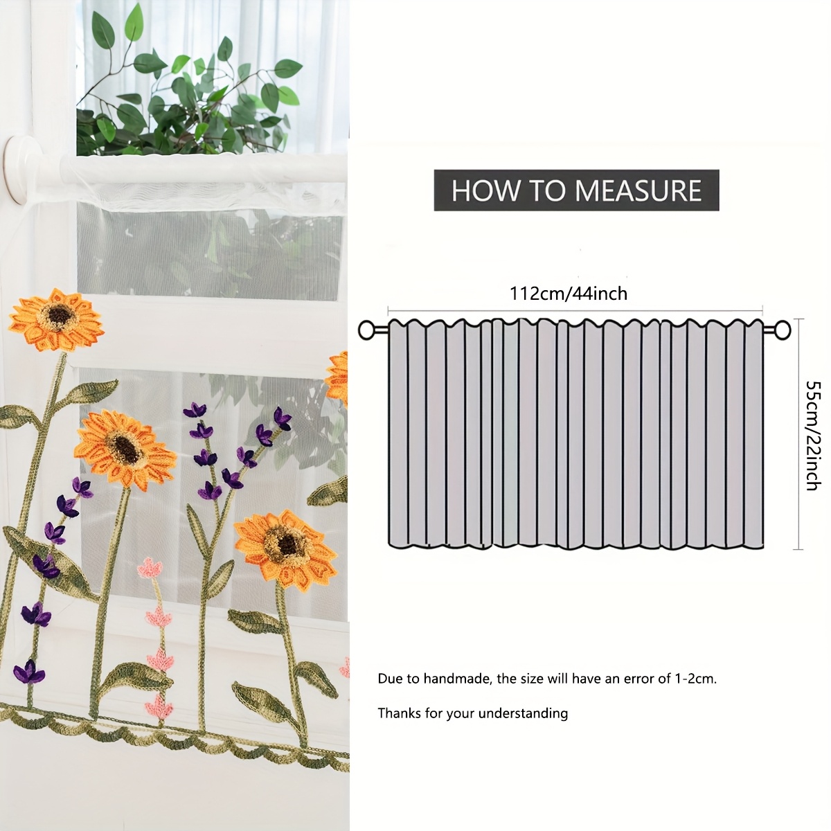 Image of 1pc Artist Sunflower Design Sheer Curtain, Semi-transparent Polyester With Embroidery, Rod , Kitchen And Living Room Decor