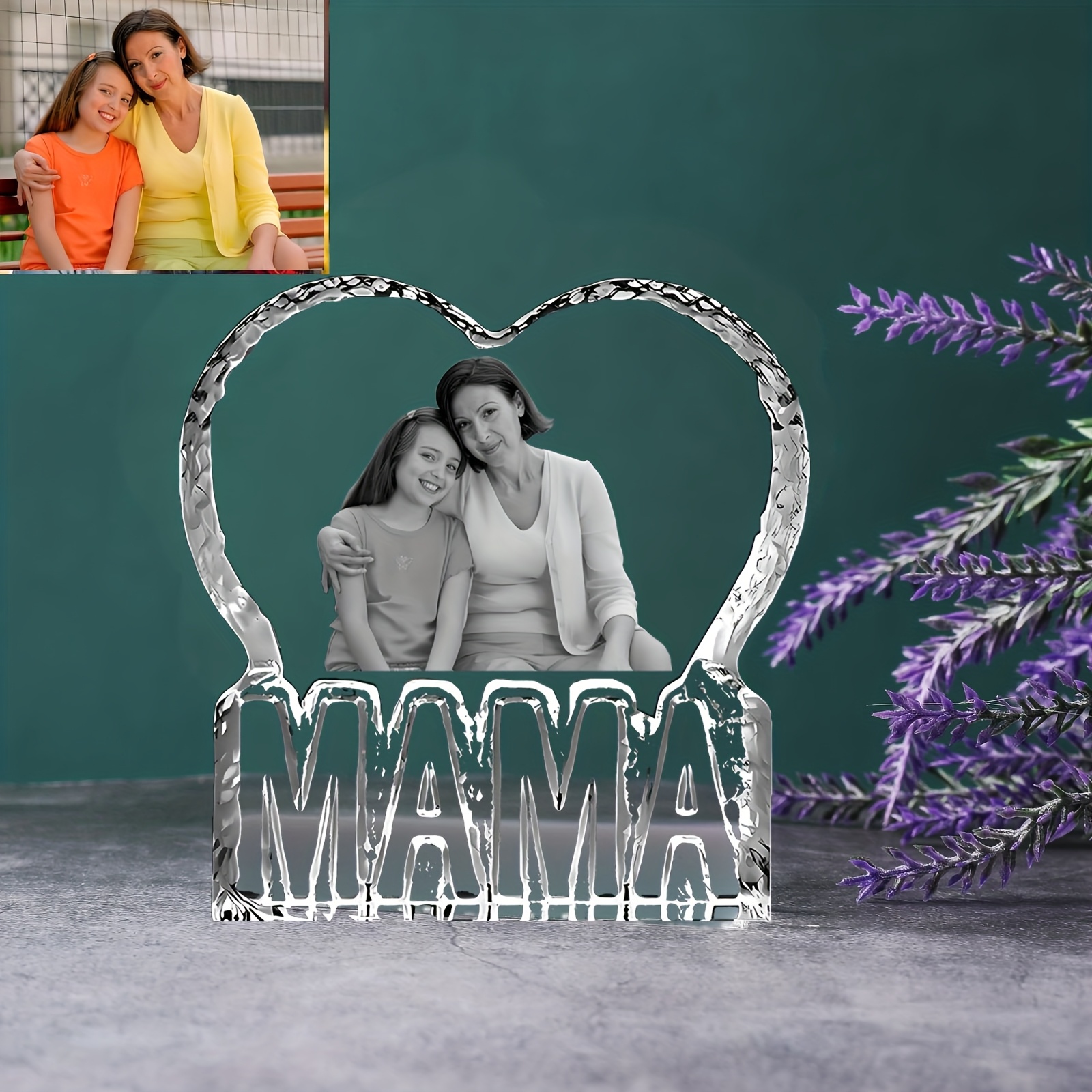 E-shop 3,93" herzförmige Kristallfigur mit "MAMA"-Thema eigenem 3D-geätztem Foto, personalisierter 3D-Kristallfotorahmen, beste Geschenke für geliebte