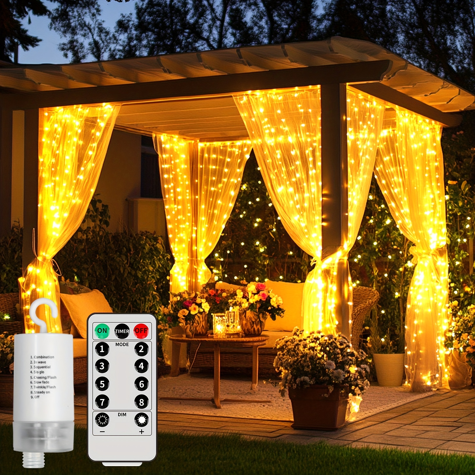 Image of Upgraded 330led Curtain Lights Battery Powered Outdoor Flashing Hanging Waterfall Lights With Remote Control 8 Dimmable String Lights Fairy Lights For Bedroom Porch Gazebo