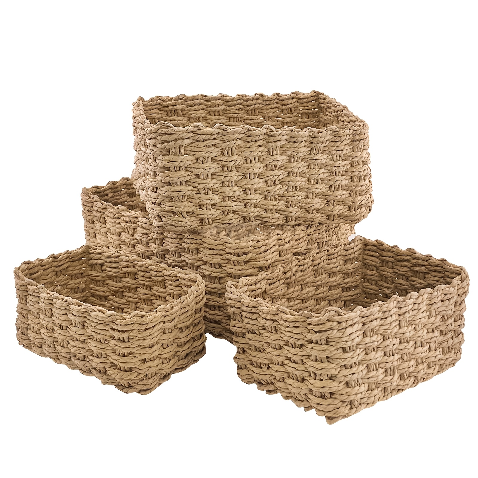 TEMU Ein Set aus 4 handgefertigten Stroh-Aufbewahrungskörben, vielseitig und ideal für Regale, Schubladen, Badezimmer, Schlafzimmer, Wohnzimmer,