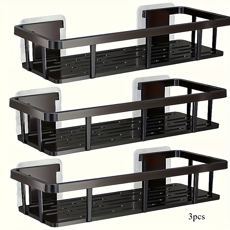 TEMU 3-pack Black Rustproof Polished Wall Mounted Bathroom Shelf - No Drilling, Space- Paste Storage Rack For Shampoo, Conditioner, Toothbrushes,