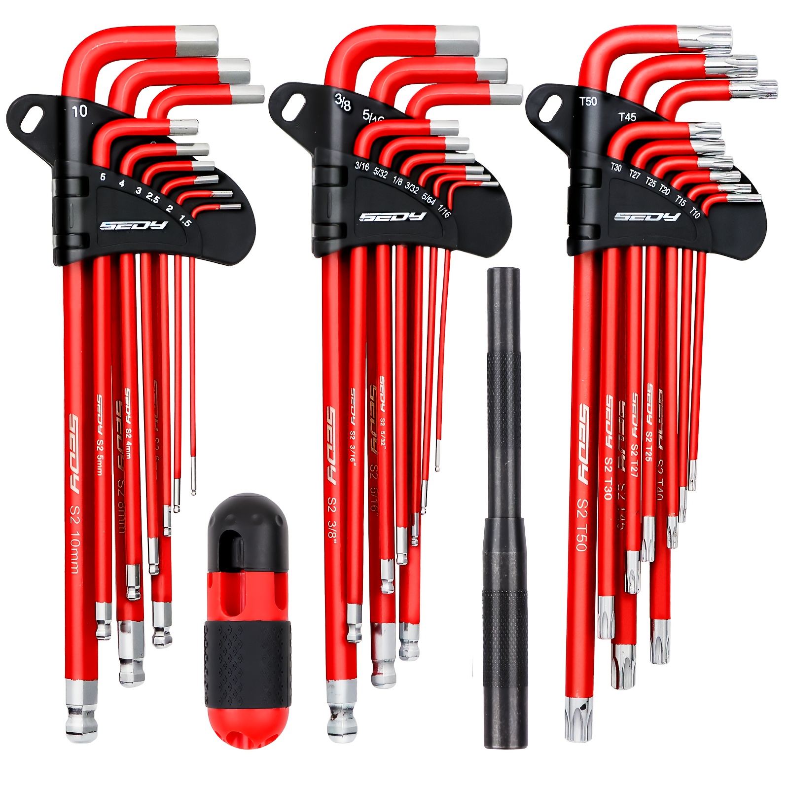 TEMU Sedy 30pcs Long Arm Ball End L-hex & Torx Key Set With Grip Handle, Hex Key Wrench Set With T-handle And Extension Bars, Sae 1/16" To 3/8",