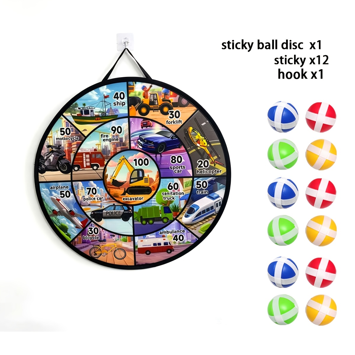 TEMU 6-ball/12-ball Large Sticky Ball Dartboard Sports Toy, Vehicles, Cars, Excavators, Learning Toy, For Indoor And Outdoor Use, Suitable For