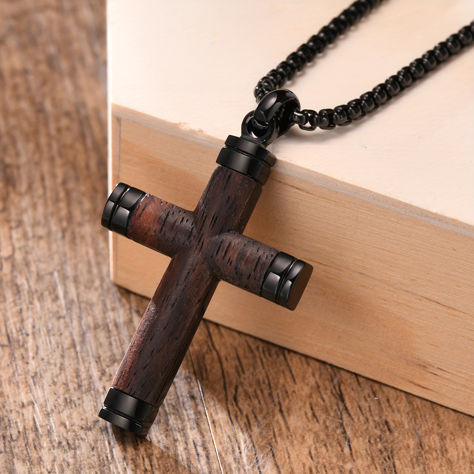 1pc stainless steel pendant necklace with inlaid new   wood cross pendant a stylish and high quality pendant for men perfect as a gift for your husband on easter day details 1