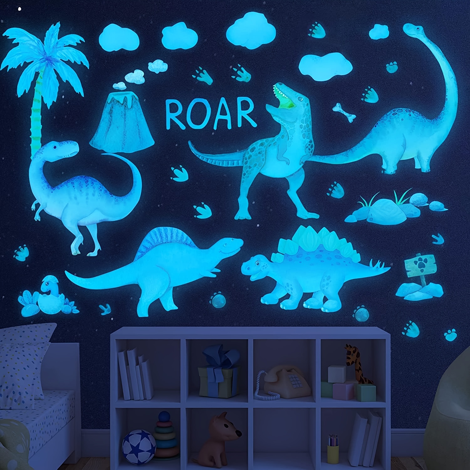 

1 Set Dinosaur Wall Decals, Luminous Dinosaur Wall Stickers, Watercolor Dinosaur Decal, Large Removable Vinyl Dino Wall Decals For Boys/girls Bedroom, Playroom Living Room Wall Decor