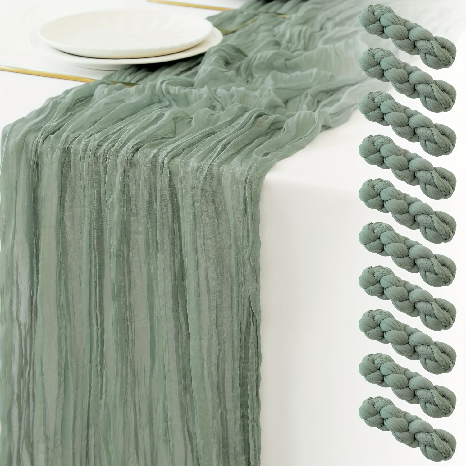 Pack Of 10pcs Grass Green Cheesecloth Table Runners 22 X 118inch Bohemian Gauze Table Runners Wedding Decoration Graduation Ceremony Wedding Baby Shower, Tea Party, Dessert