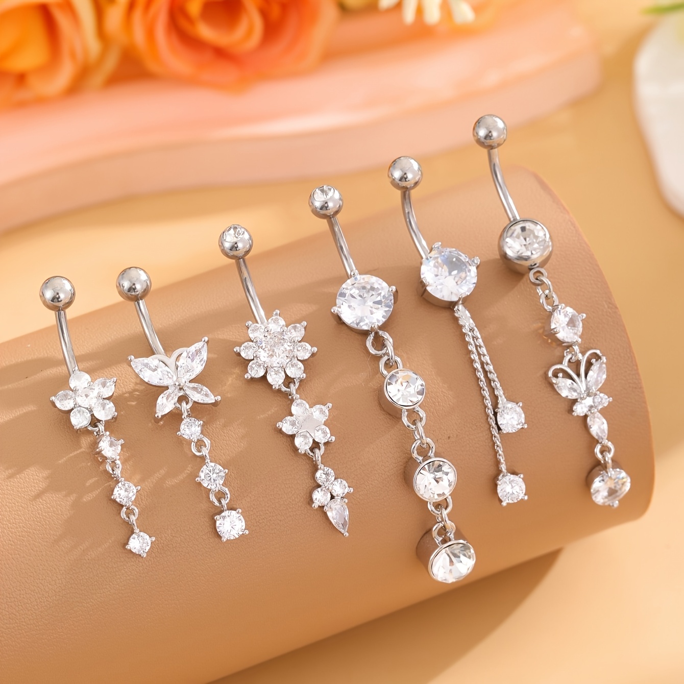 TEMU Women's Belly Ring Set, Including 6pcs Stainless Steel Sexy Chains And Synthetic Zirconia Pendants, Ideal Accessory For Daily Wear